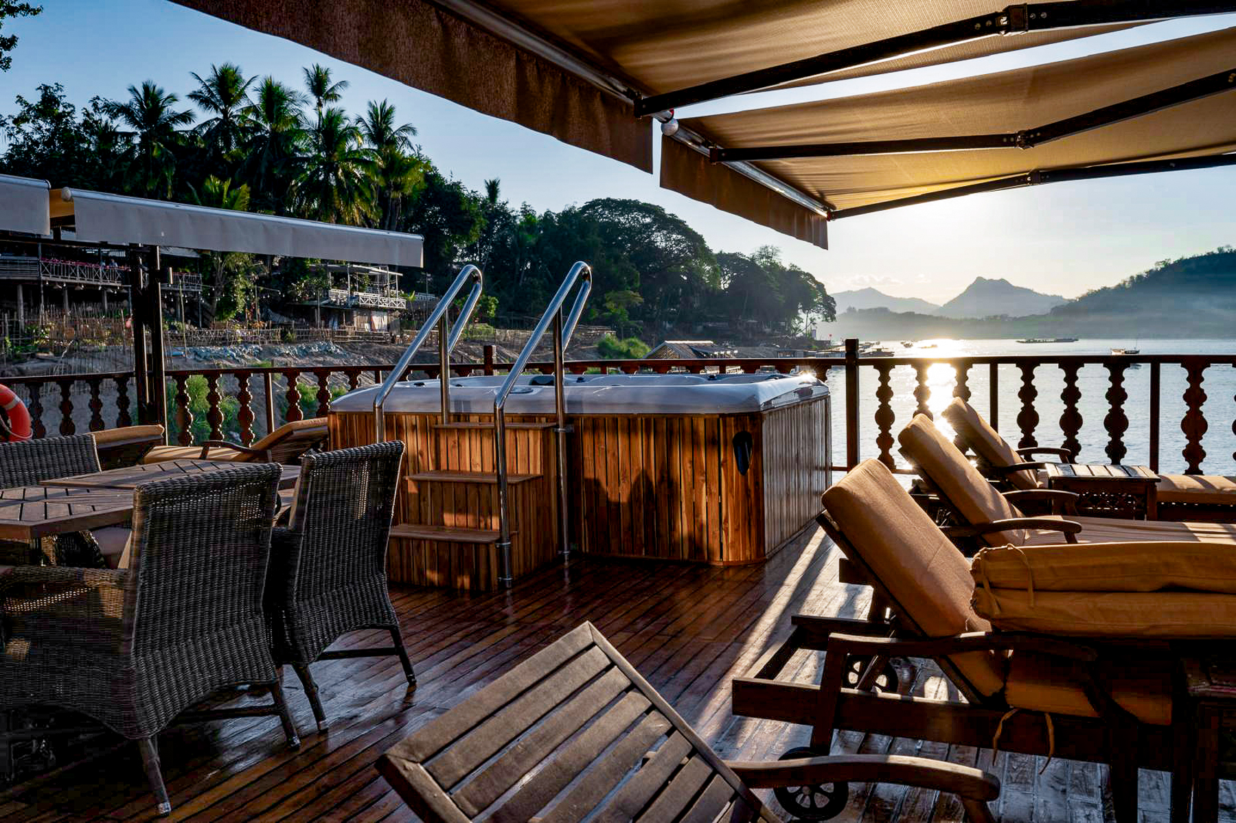Jacuzzi on the sun deck of the Anouvong luxury river cruiser on Laos' Upper Mekong