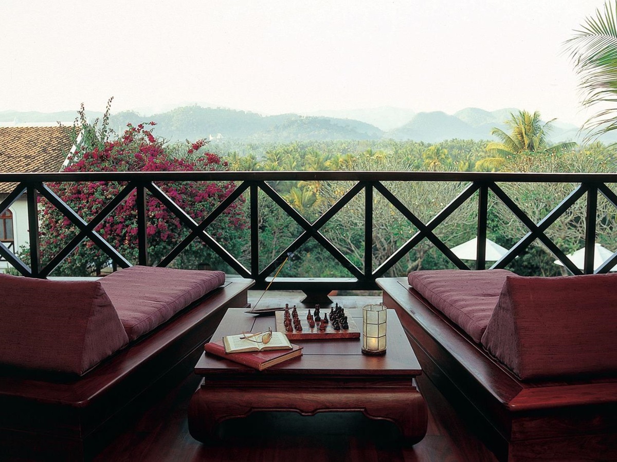 Balcony overlooking grounds of La Residence Phao Vao in Luang Prabang, Laos