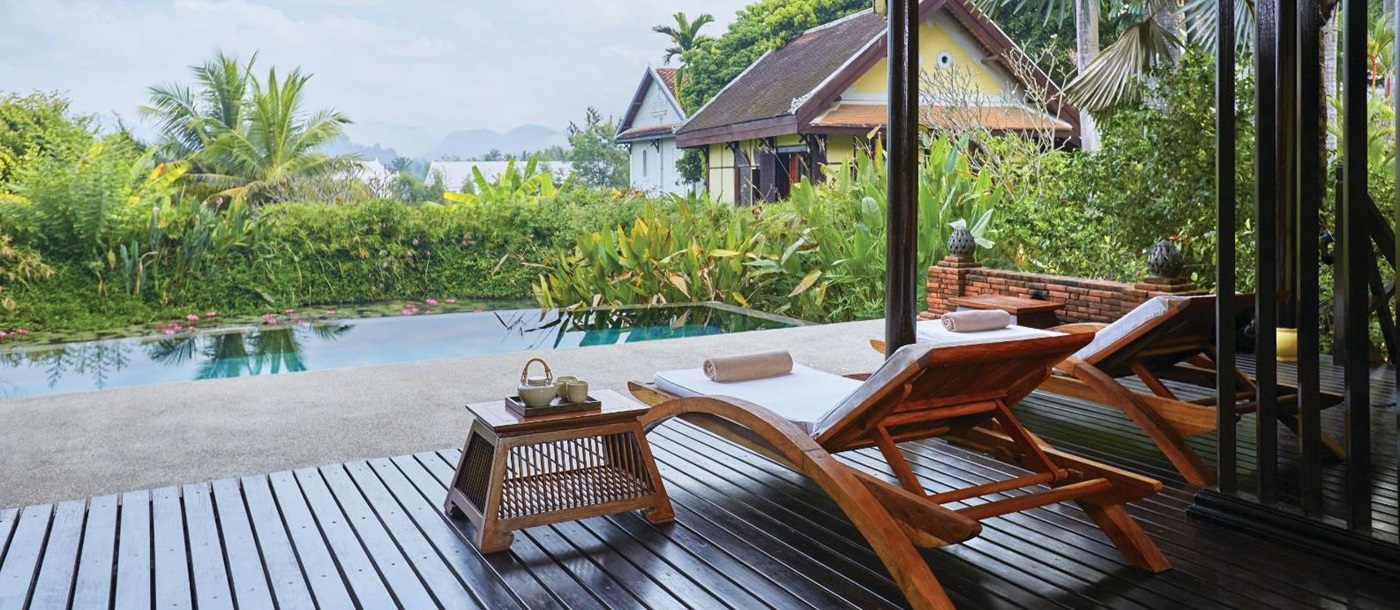 Sunbed on the deck of a guest villa at La Residence Phao Vao in Luang Prabang, Laos