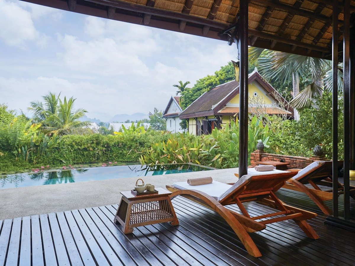 Sunbed on the deck of a guest villa at La Residence Phao Vao in Luang Prabang, Laos