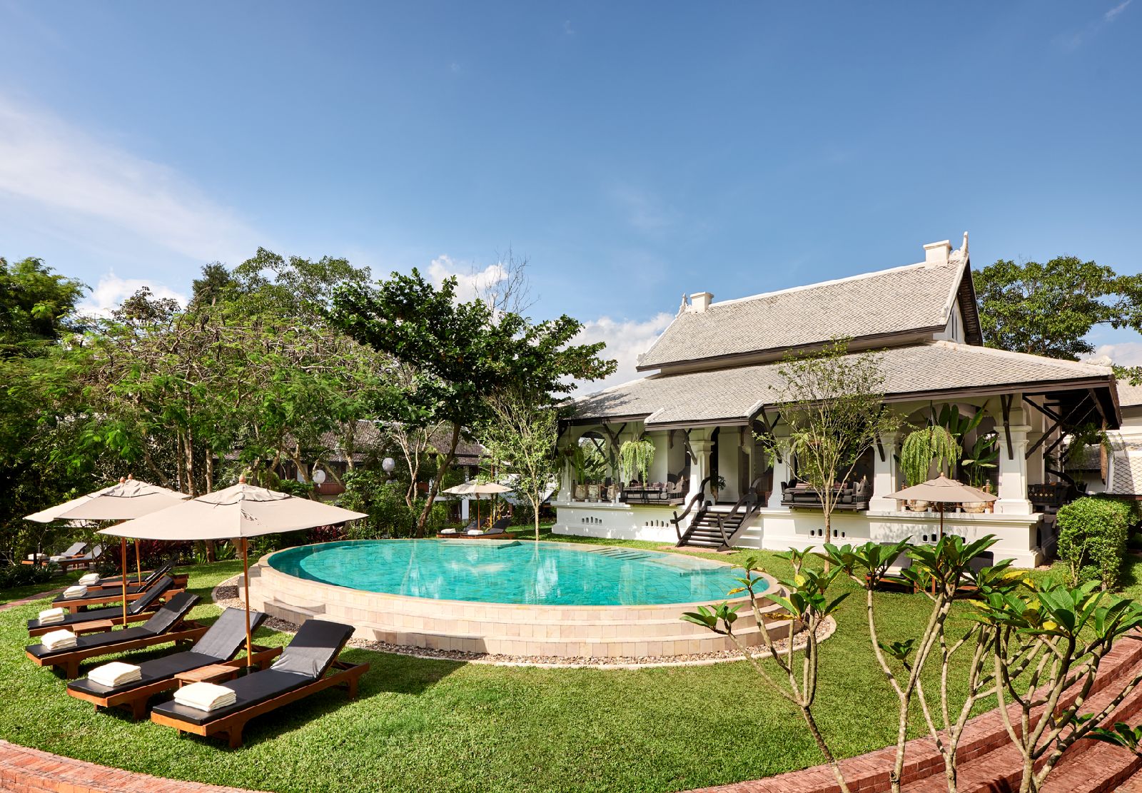 Pool and sun terrace at the Rosewood Luang Prabang in Laos