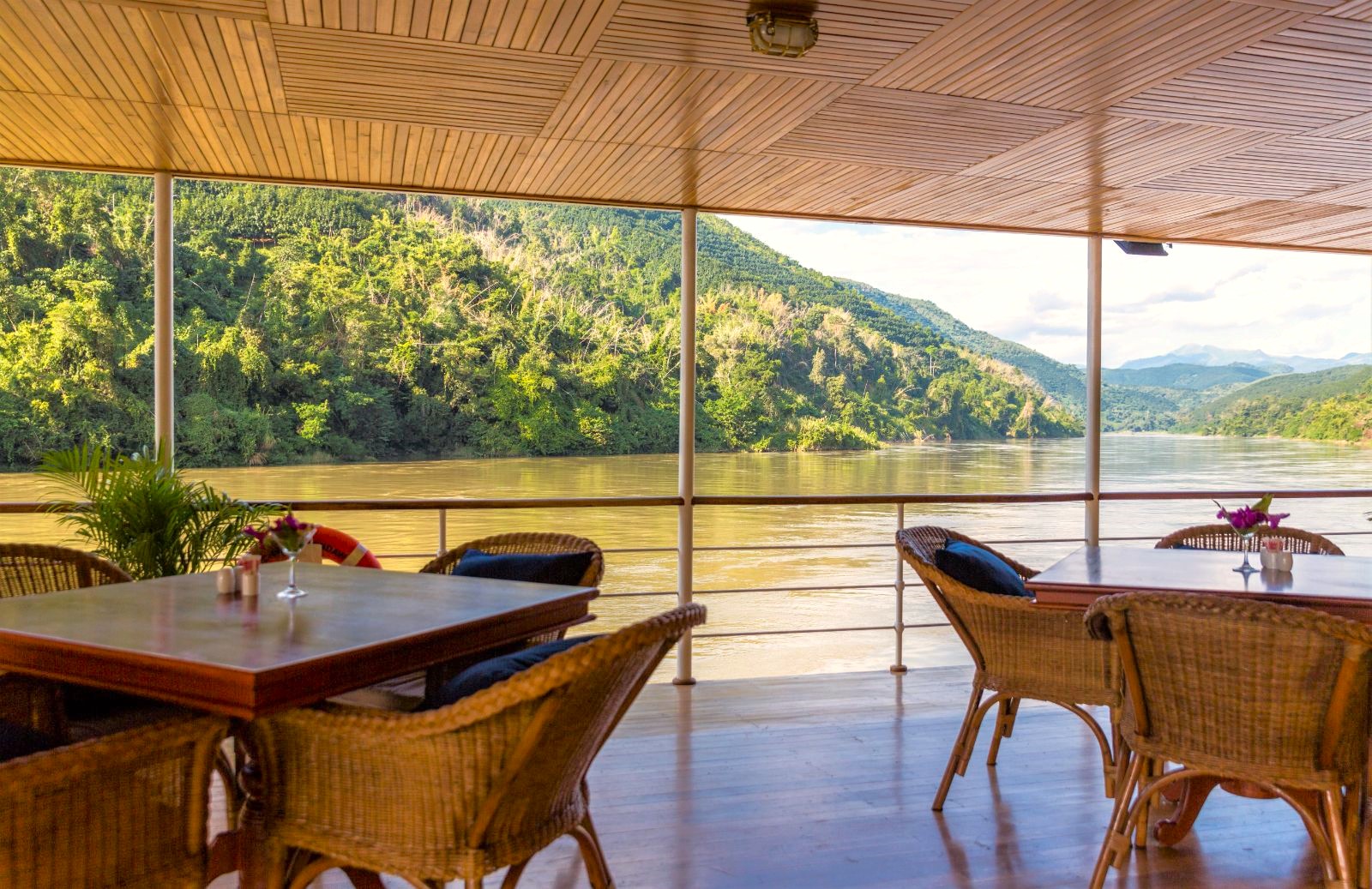 Dining deck onboard the RV Laos Pandaw on the Mekong River in Laos