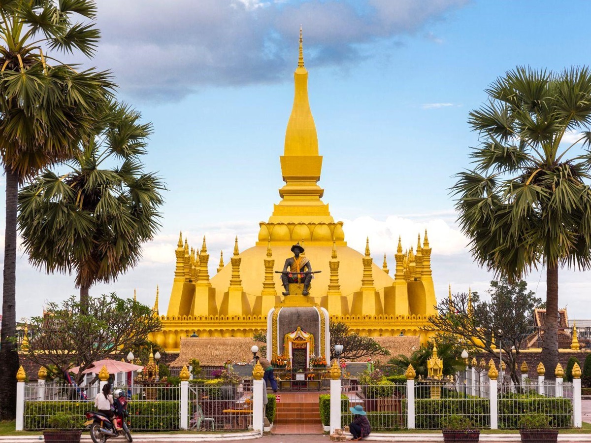 Temple facade viewed from the RV Laos Pandaw on the Mekong River in Laos