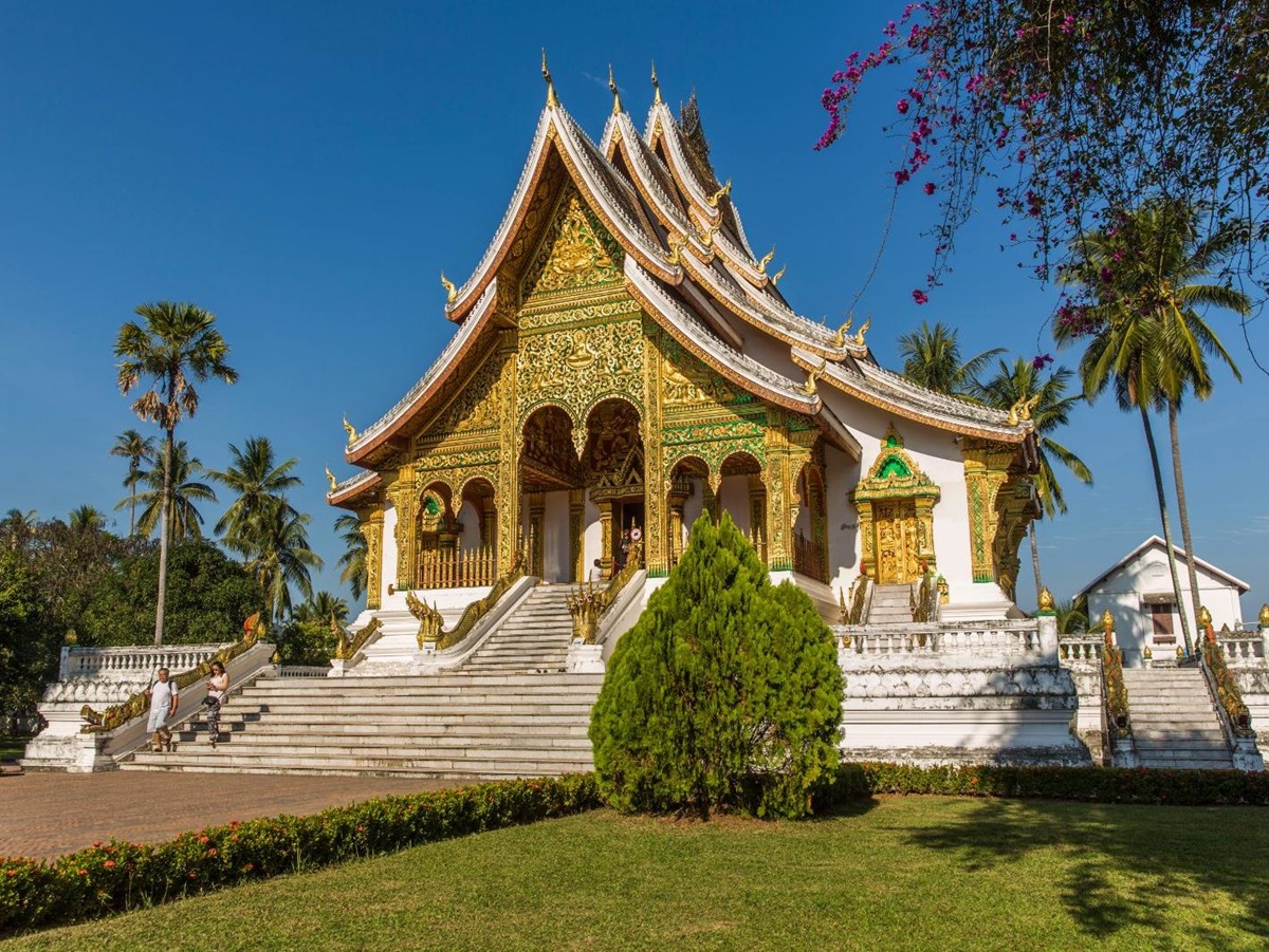Temple facade viewed from the RV Laos Pandaw on the Mekong River in Laos
