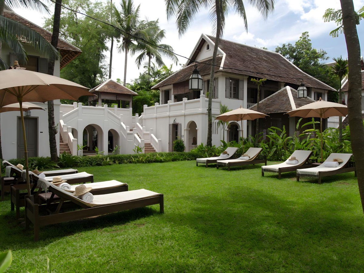 Sunbeds in the gardens of Satri House in Luang Prabang, Laos