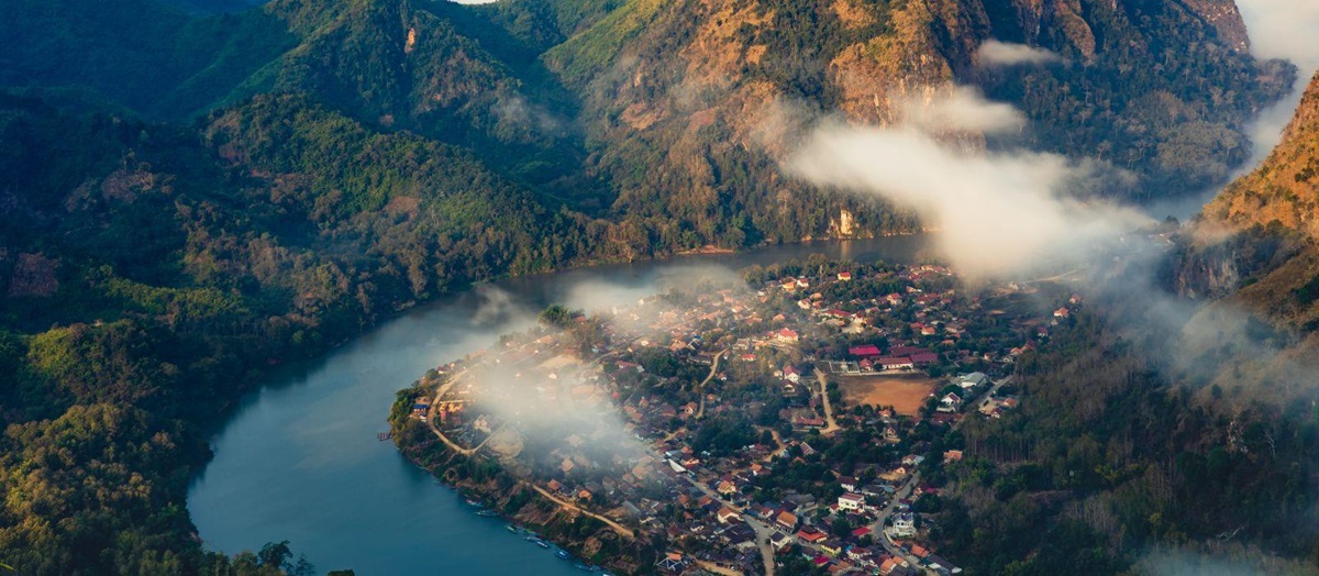 An aerial view of the Mekong and Nong Khiaw in Laos