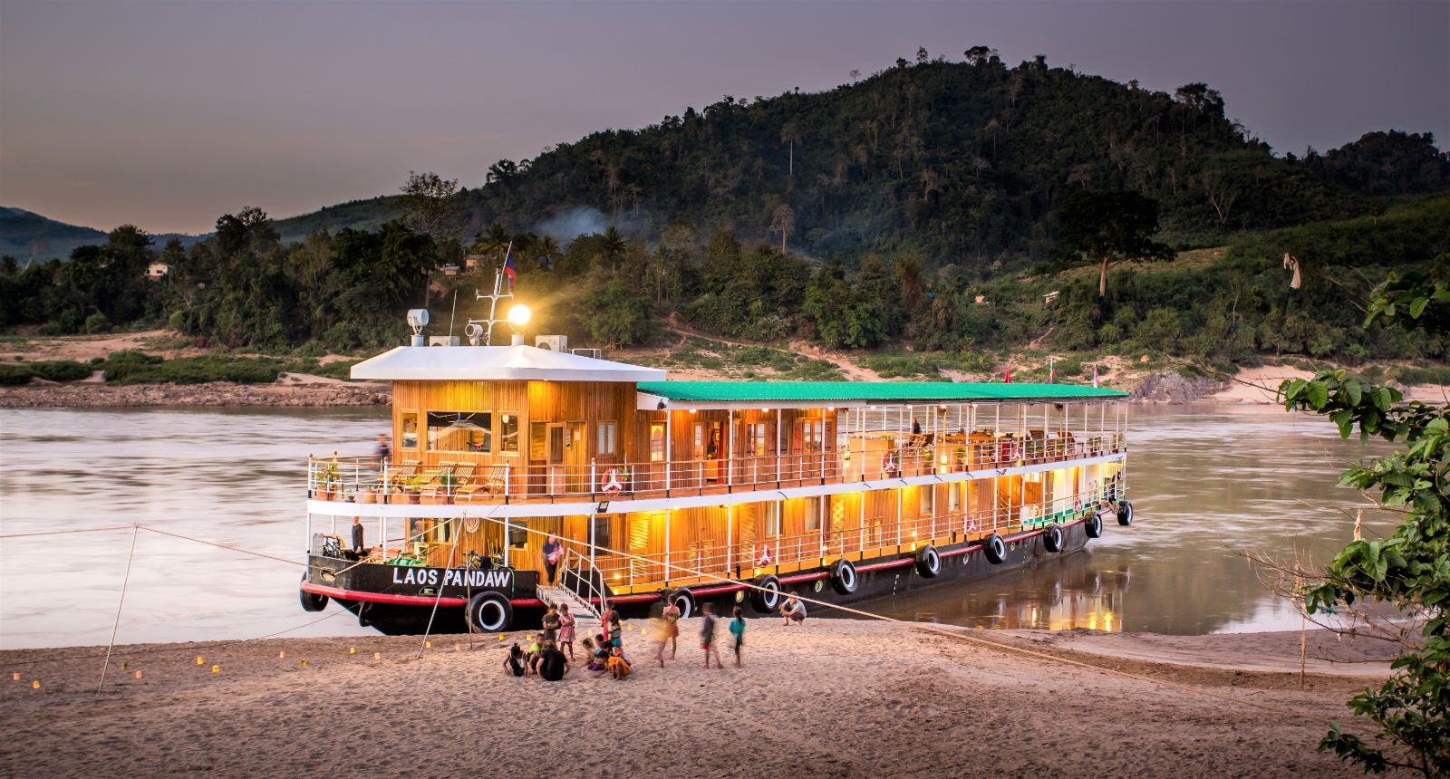 Exterior of a boat cruise along the Mekong River in Laos
