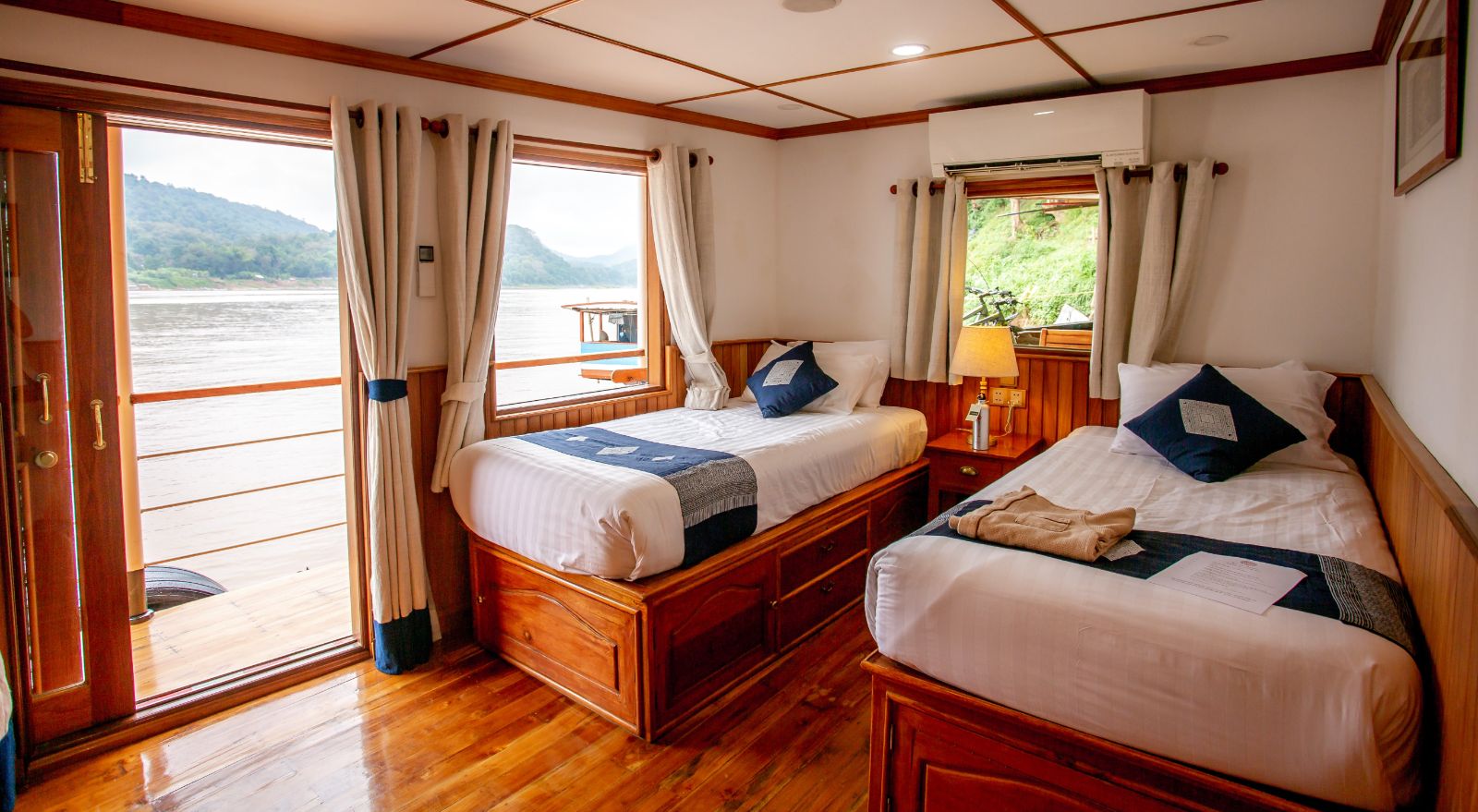 Twin cabin on the river cruise along the Mekong in Laos