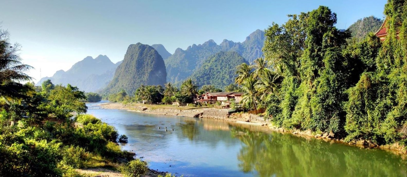 Wide shot of the Vang Rieng River in Laos