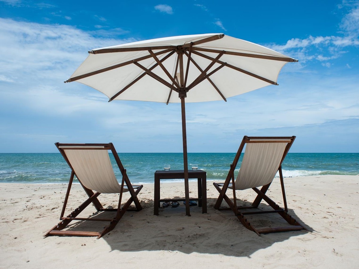 Sun loungers on the beach at Anjajavy L'Hotel in Madagascar