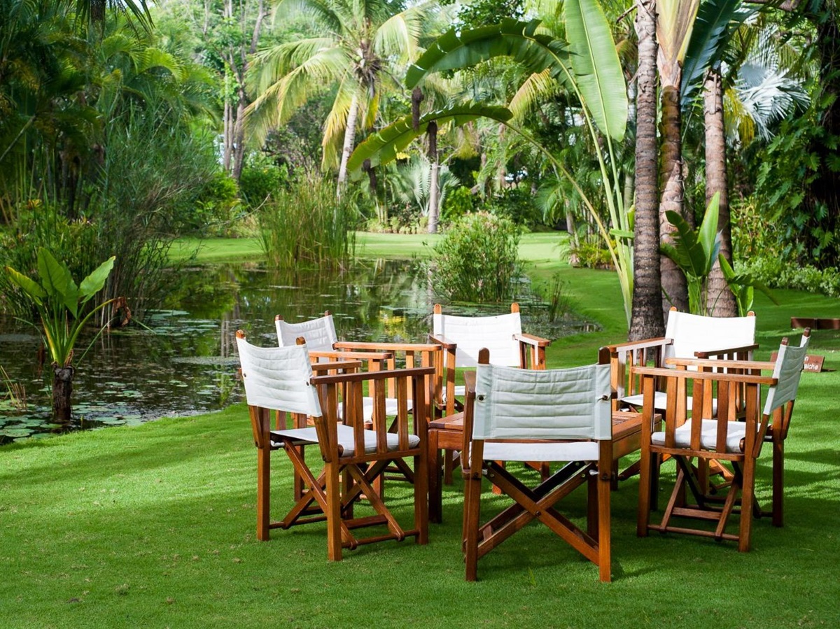 Garden dining setup at Anjajavy L'Hotel in Madagascar
