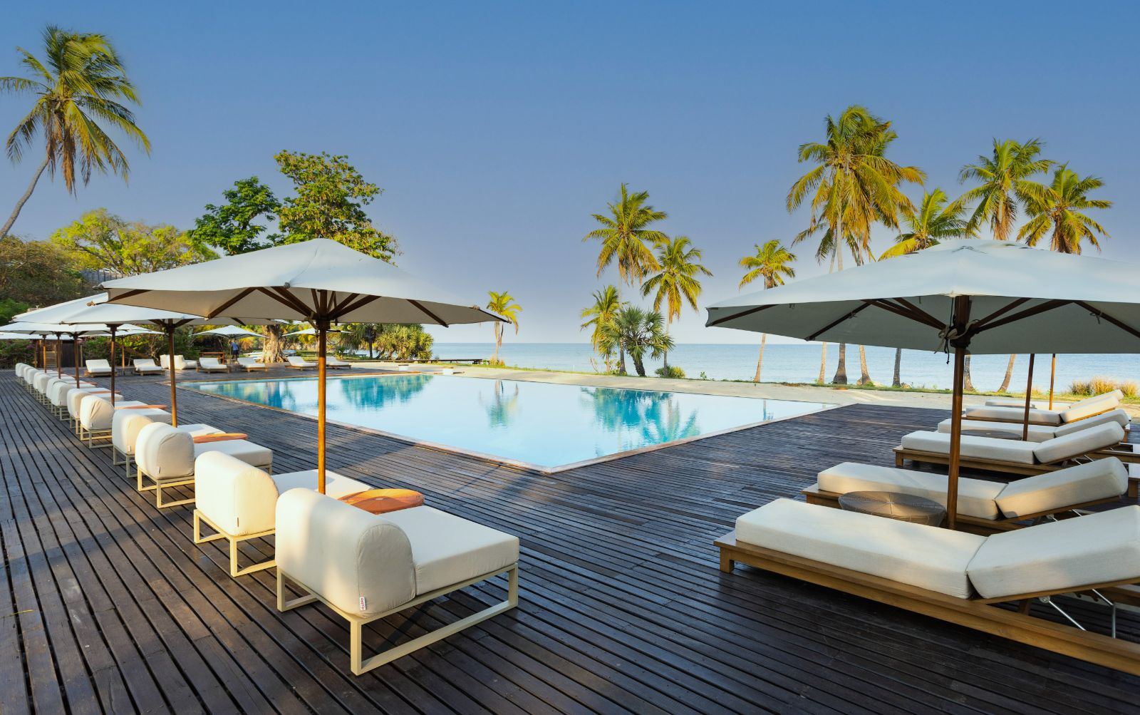Pool and loungers at Anjajavy L'Hotel in Madagascar