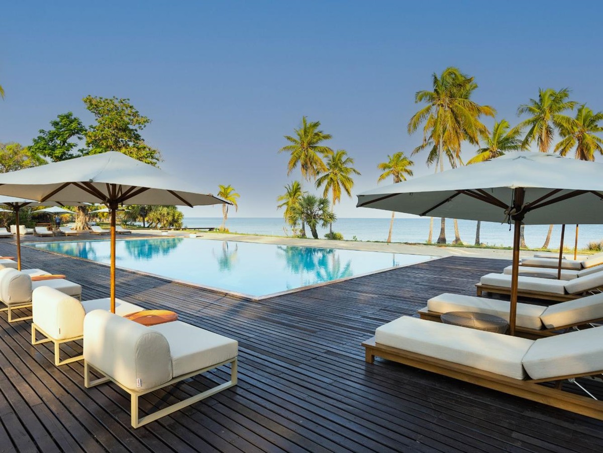 Pool and loungers at Anjajavy L'Hotel in Madagascar