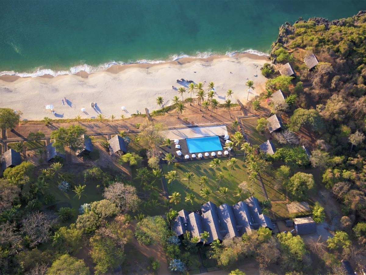 Aerial view of a villa and beachfront at Anjajavy L'Hotel in Madagascar