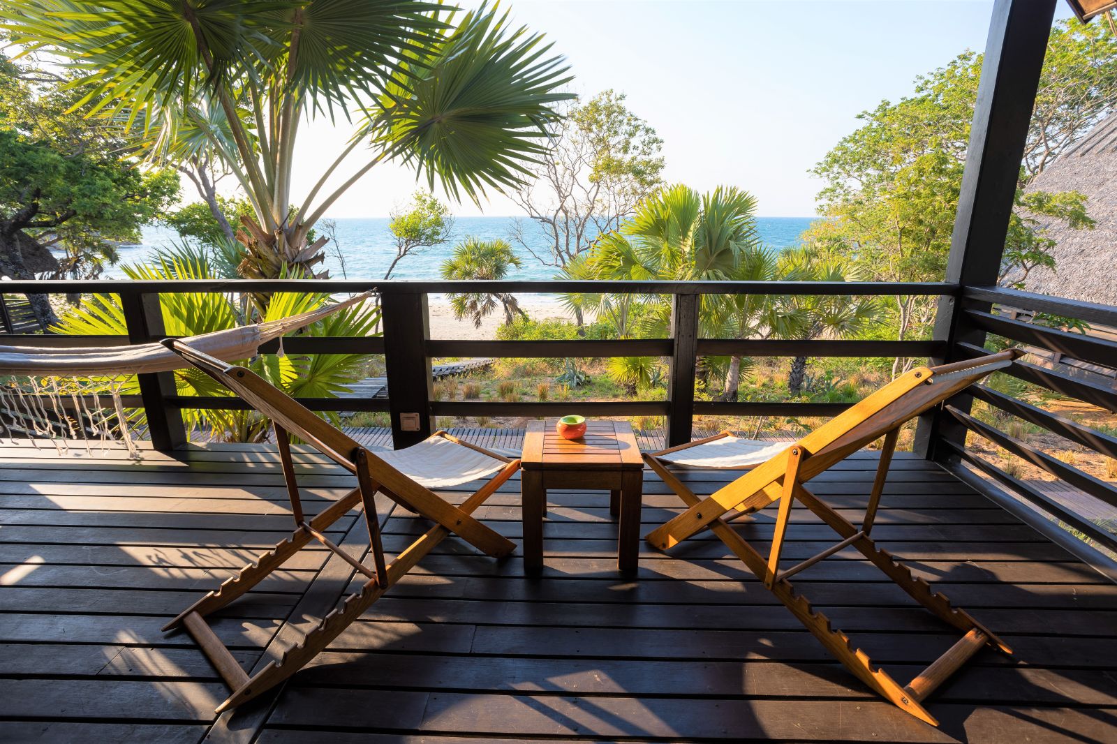 Villa terrace with chairs at Anjajavy L'Hotel in Madagascar