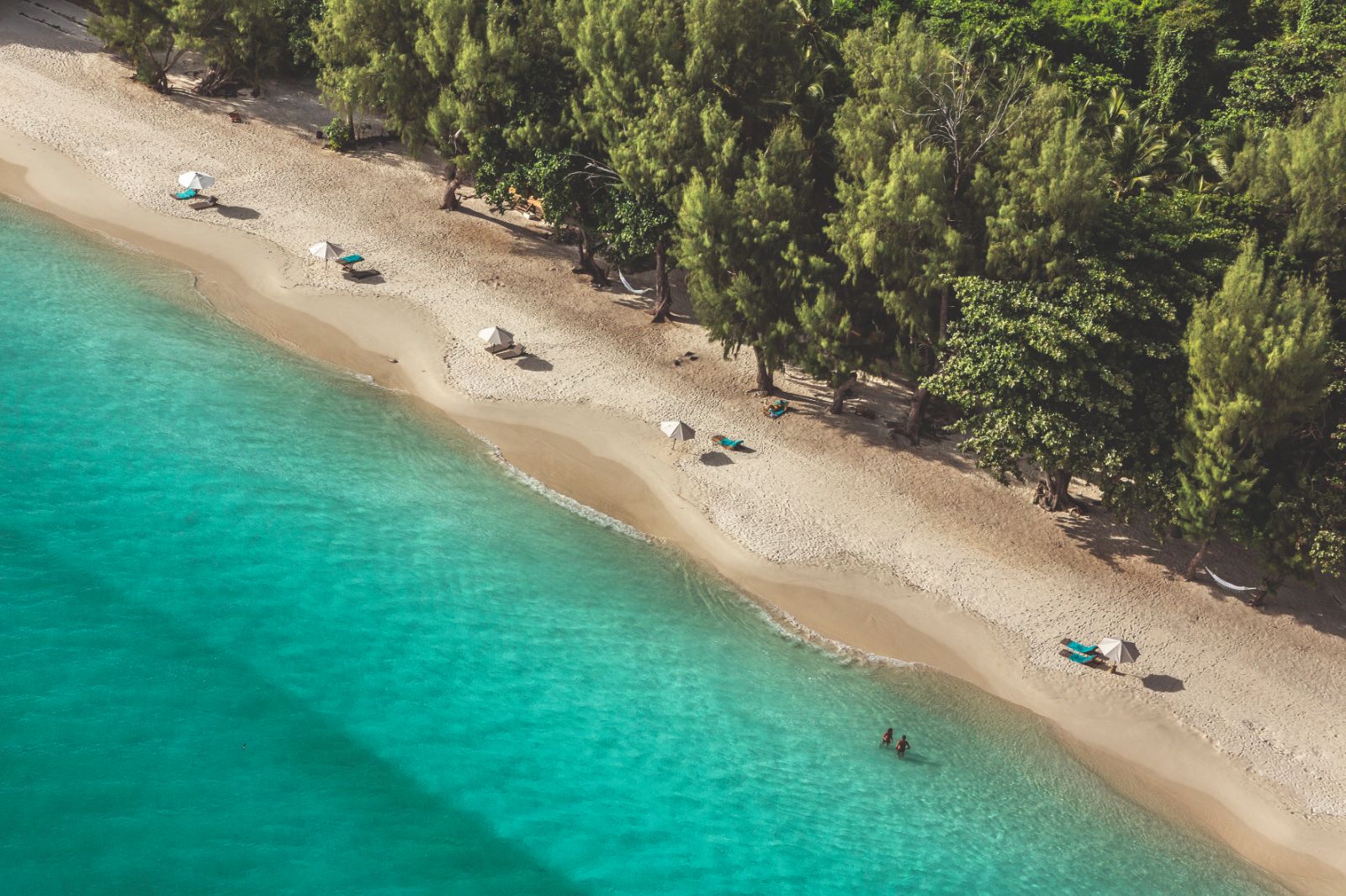 Aerial view of the beach and turquoise sea at the Constance Tsarabanjina in Madagascar