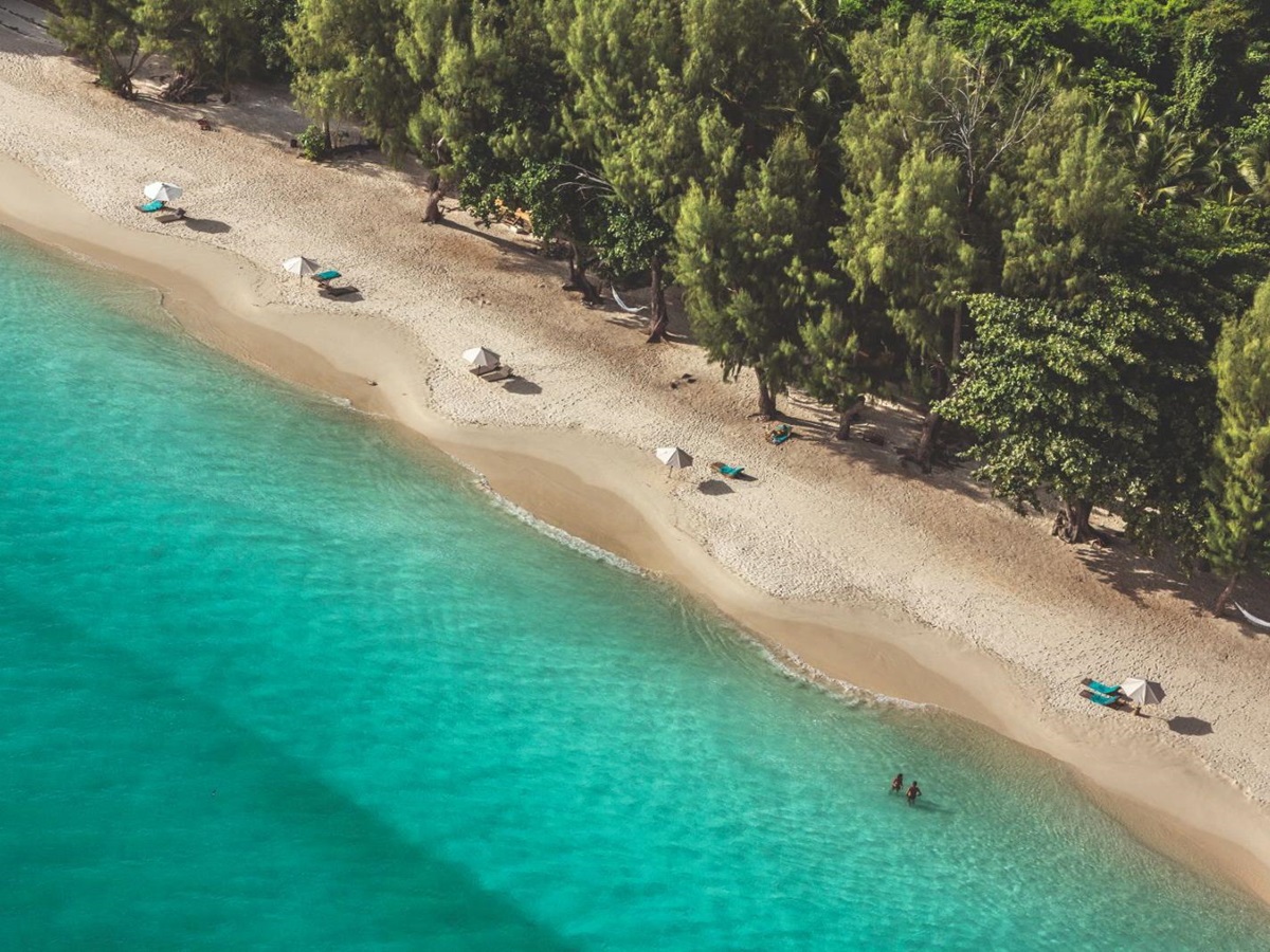 Aerial view of the beach and turquoise sea at the Constance Tsarabanjina in Madagascar