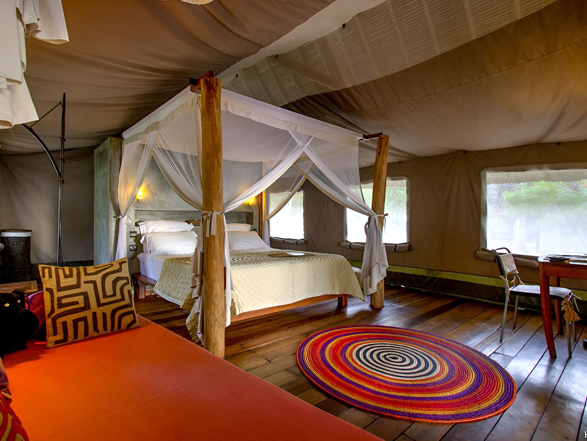 Interior of a tent bedroom at Eden Lodge in Madagascar