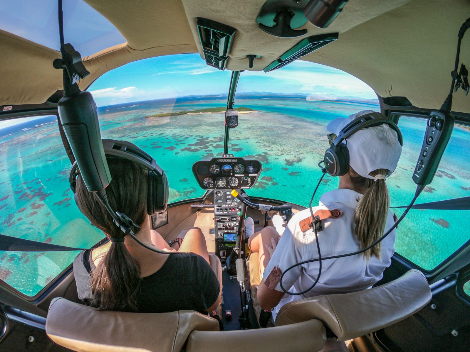 View of the arrival at Miavana private island resort by helicopter off Madagascar's north coast