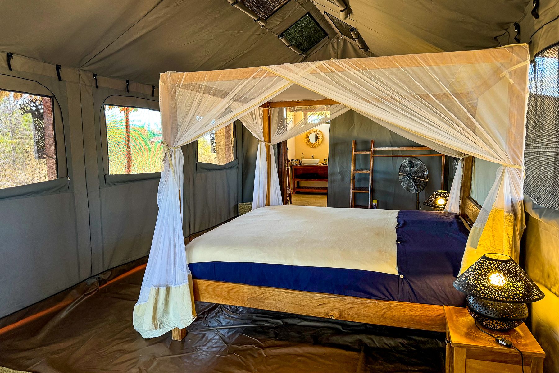 Bed inside a guest tent at Namaroka Tsingy Camp in Madagascar