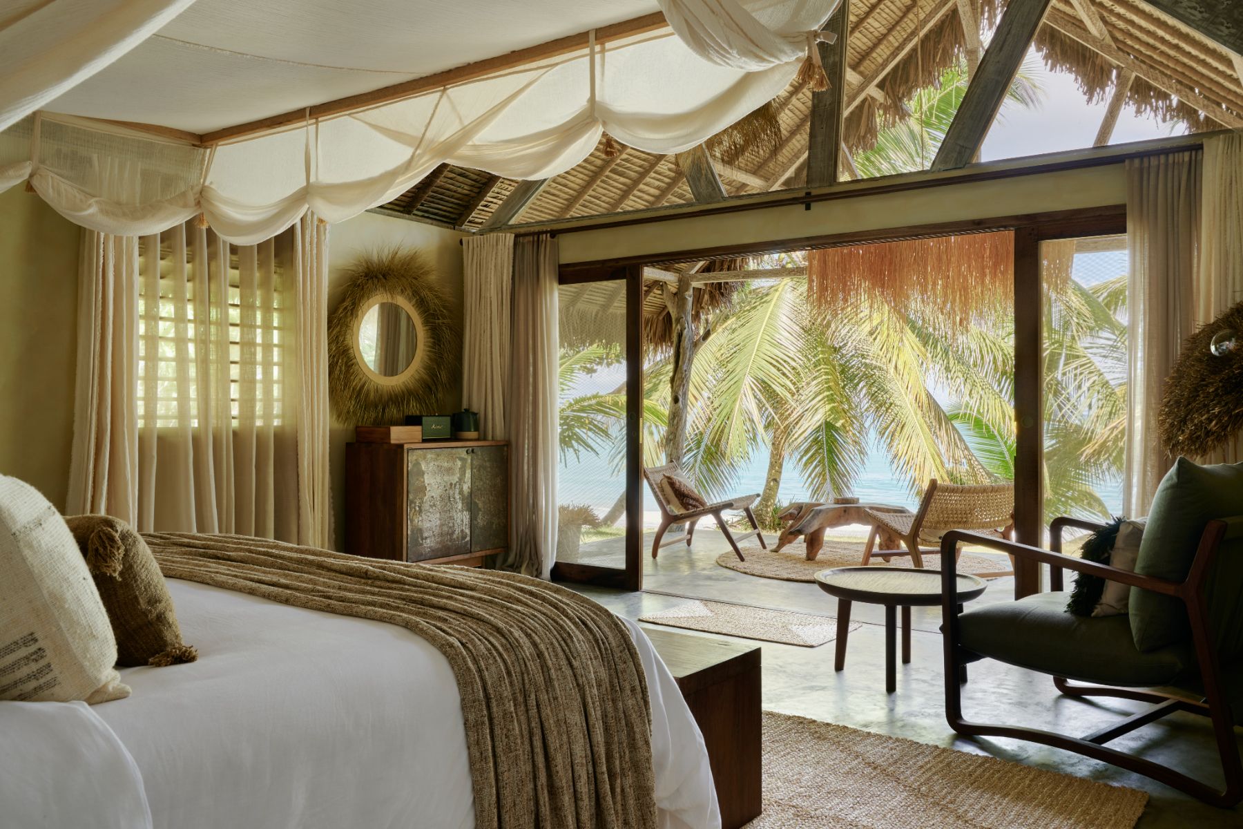 Interior view of a beach bungalow at Voaara resort in Madagascar