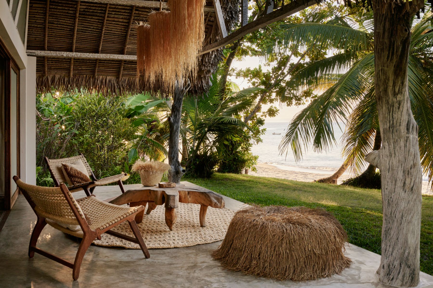 Beach bungalow terrace seating area at Voaara resort in Madagascar