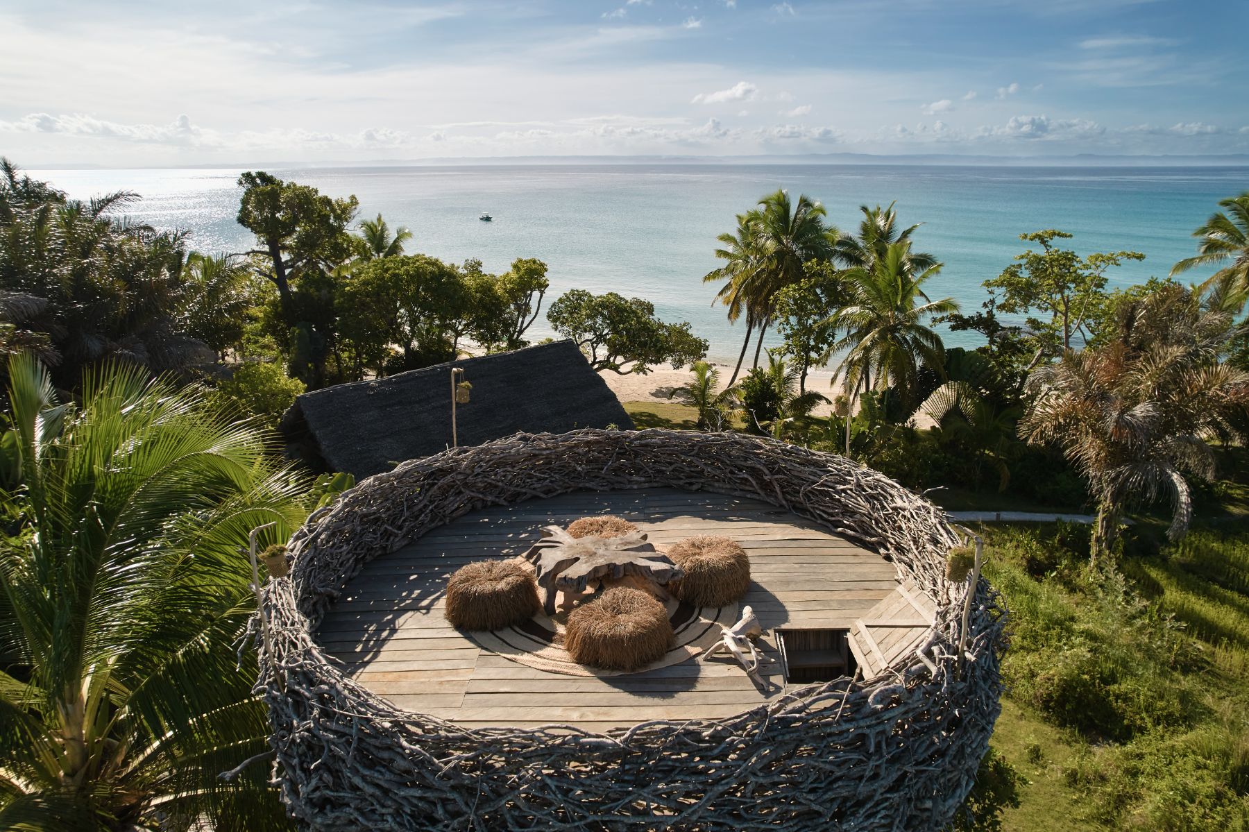 Bird's Nest seating area with ocean views at Voaara luxury resort in Madagascar