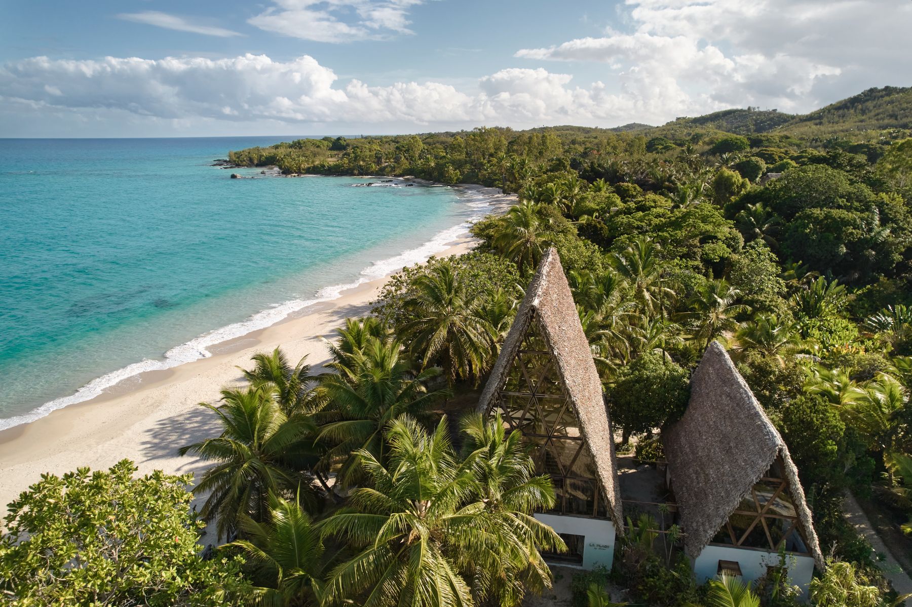 Aerial view of the La Plage Restaurant and beachfront at Voaara luxury resort in Madagascar