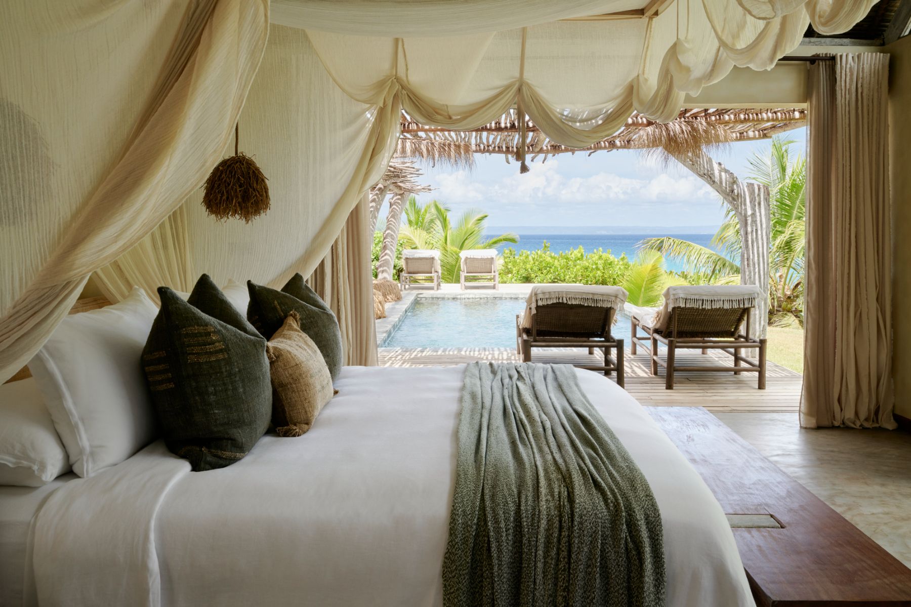 Villa bedroom with ocean views at Voaara luxury resort in Madagascar