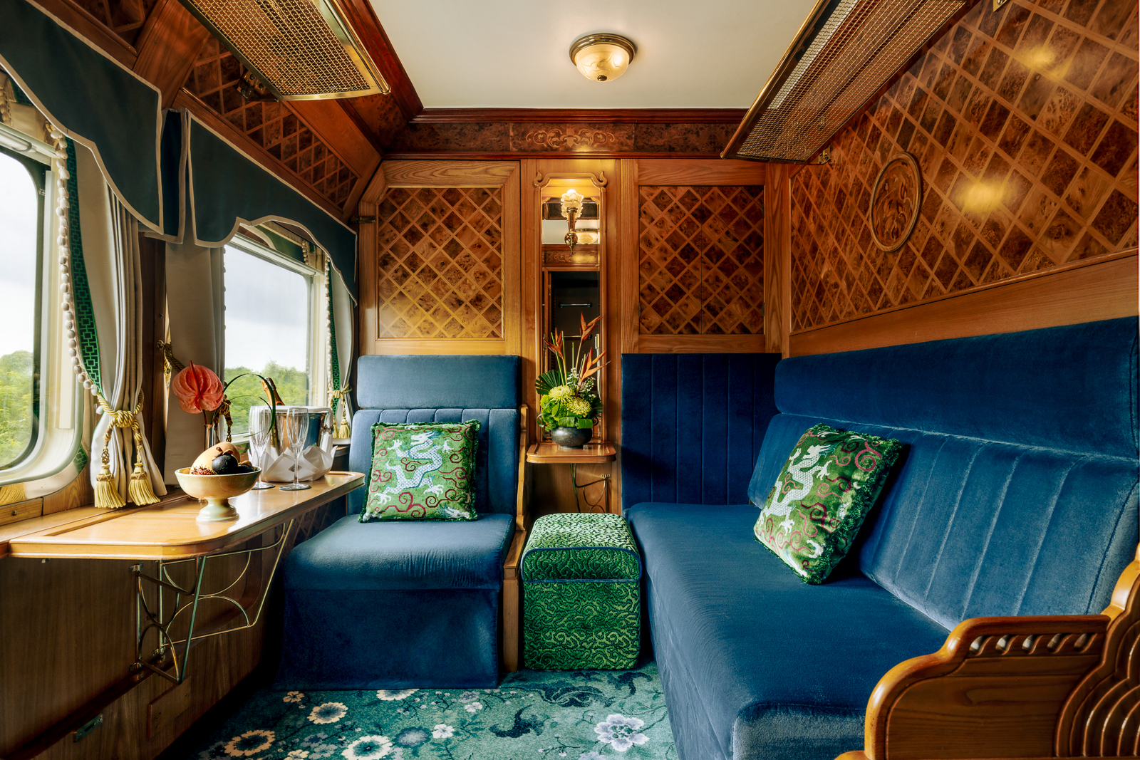 Guest suite living area onboard the Eastern & Oriental Express