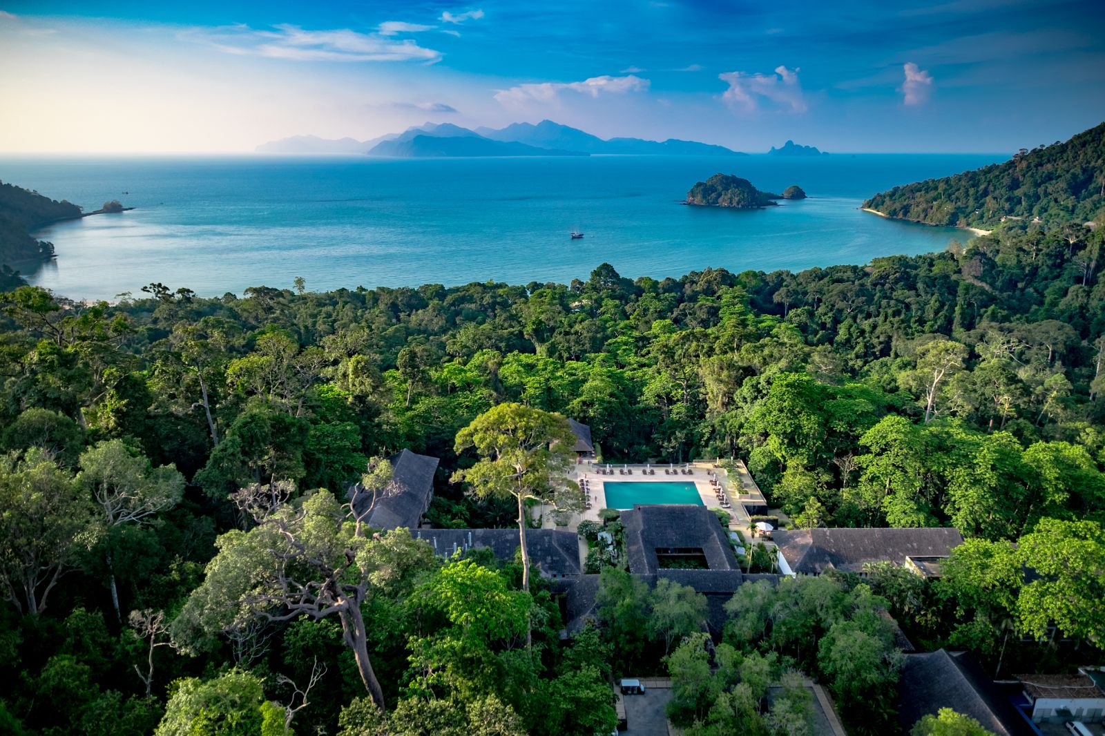 Aerial view of at luxury resort The Datai overlooking the bay 