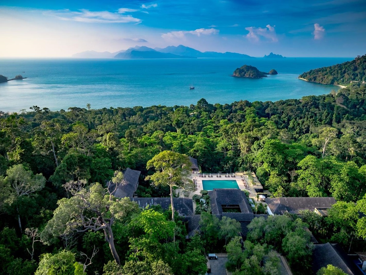 Aerial view of at luxury resort The Datai overlooking the bay