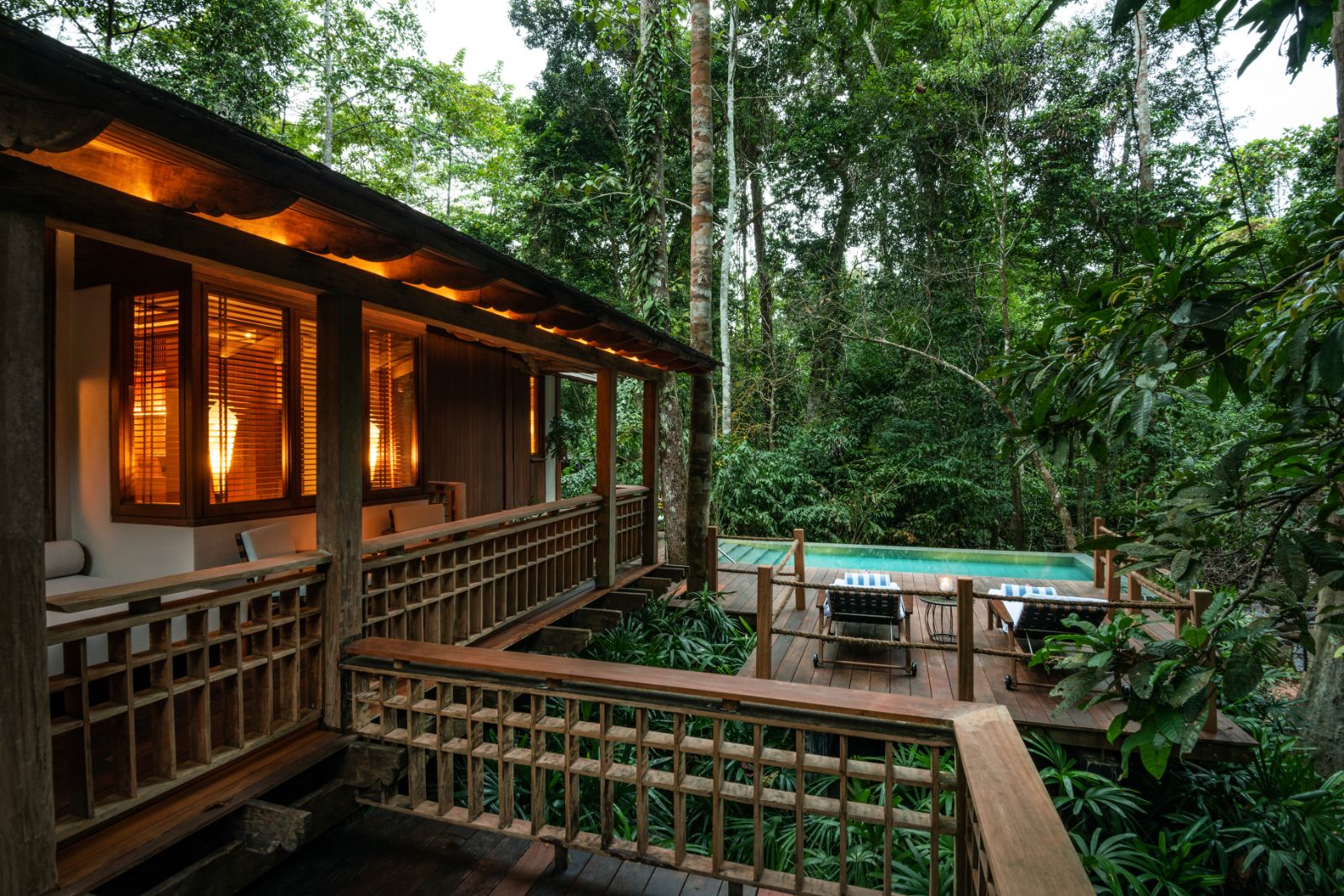 Exterior view of the rainforest pool villa at luxury resort The Datai