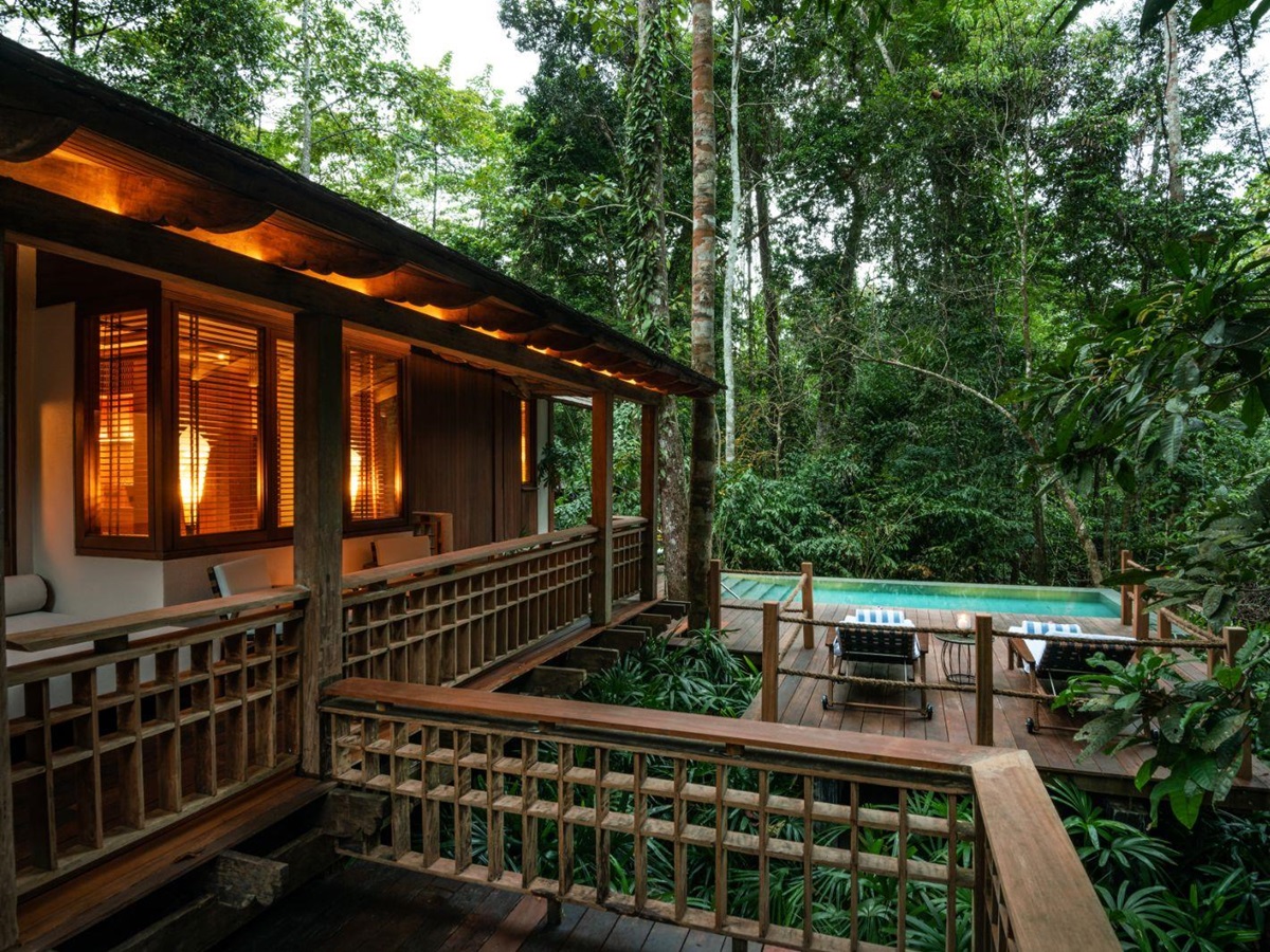 Exterior view of the rainforest pool villa at luxury resort The Datai