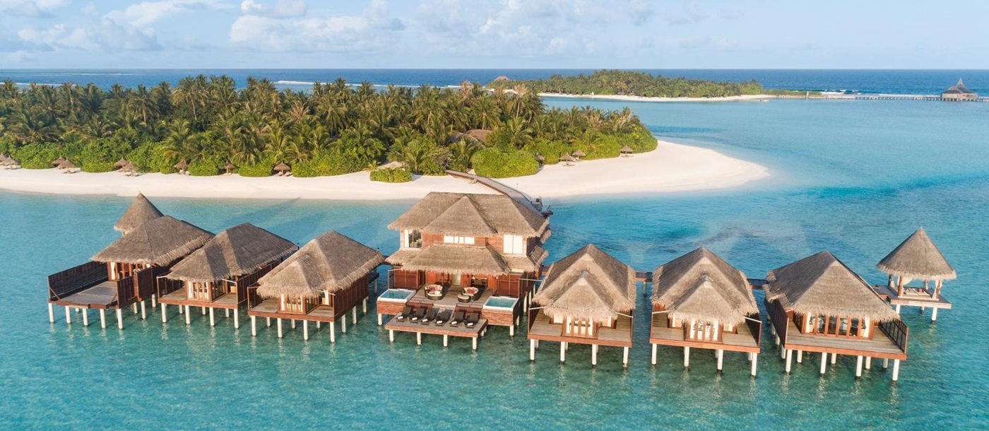 aerial view of the stilted spa at luxury resort Anantara Dhigu in the Maldives