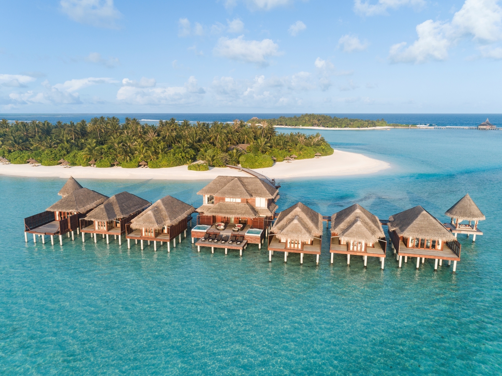 aerial view of the stilted spa at luxury resort Anantara Dhigu in the Maldives