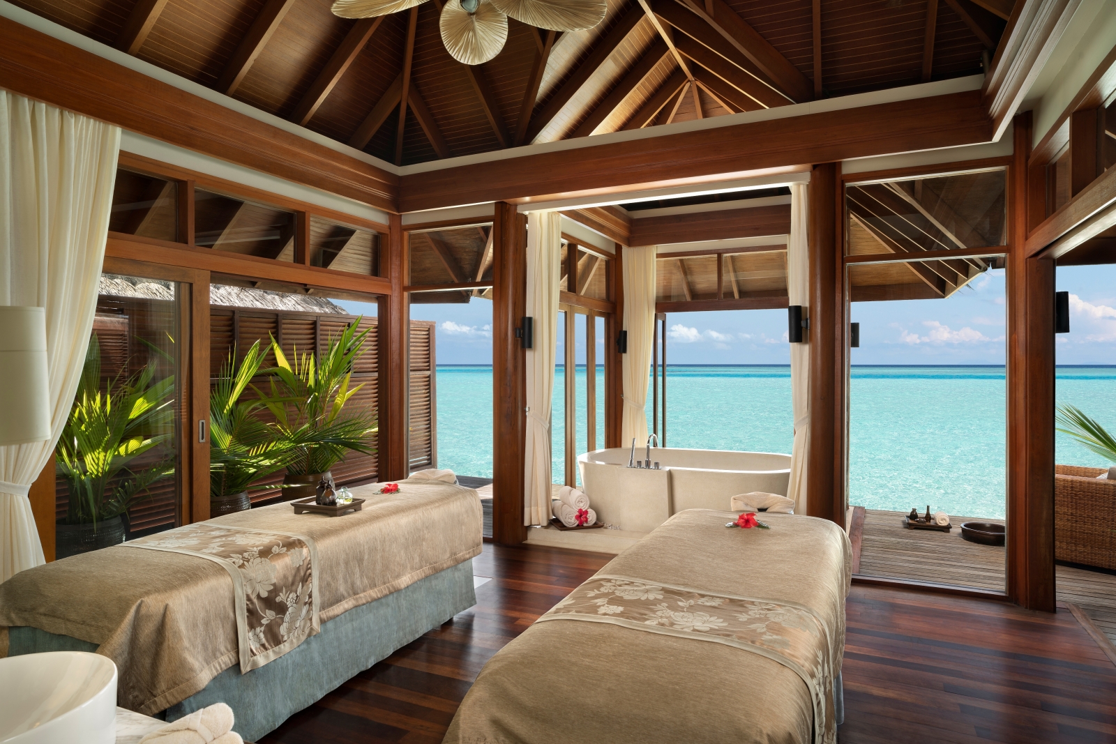 Couple's treatment room at the spa of luxury resort Anantara Dhigu in the Maldives