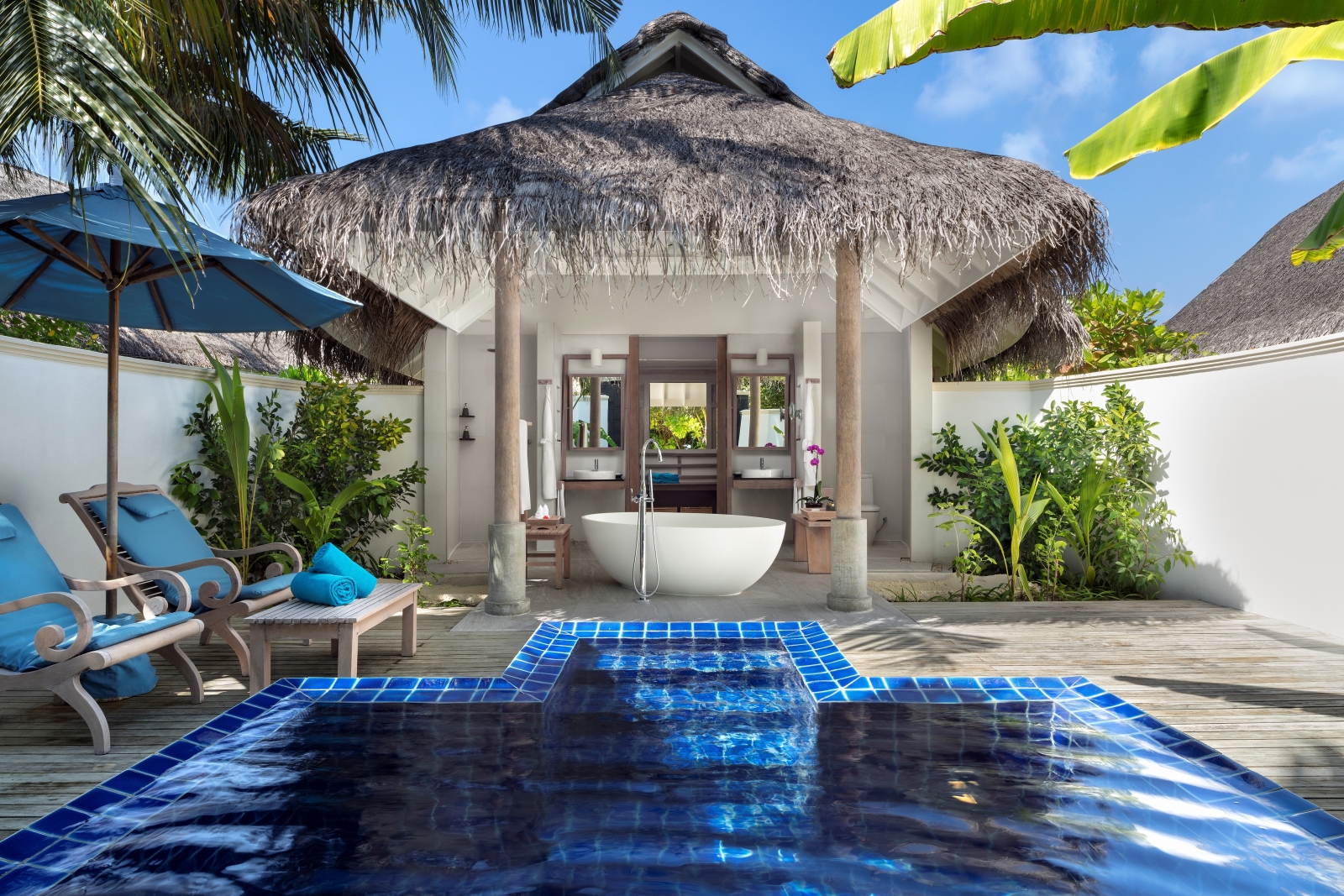 private pool of a sunset pool villa at luxury resort Anantara Dhigu in the Maldives