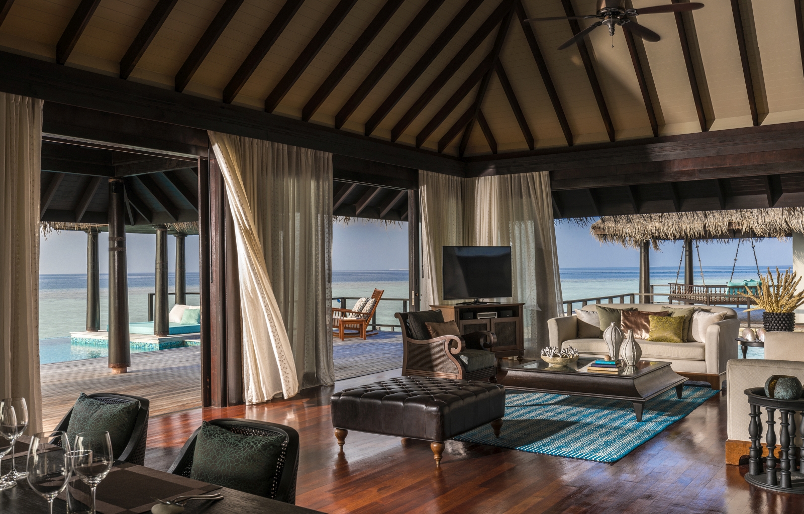 Living Room of an Overwater REsidence at luxury resort Anantara Kihavah in the Maldives