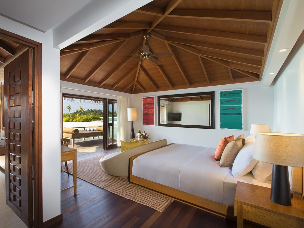 Bedroom of an Overwater Bungalow at luxury resort Anantara Veli in the Maldives