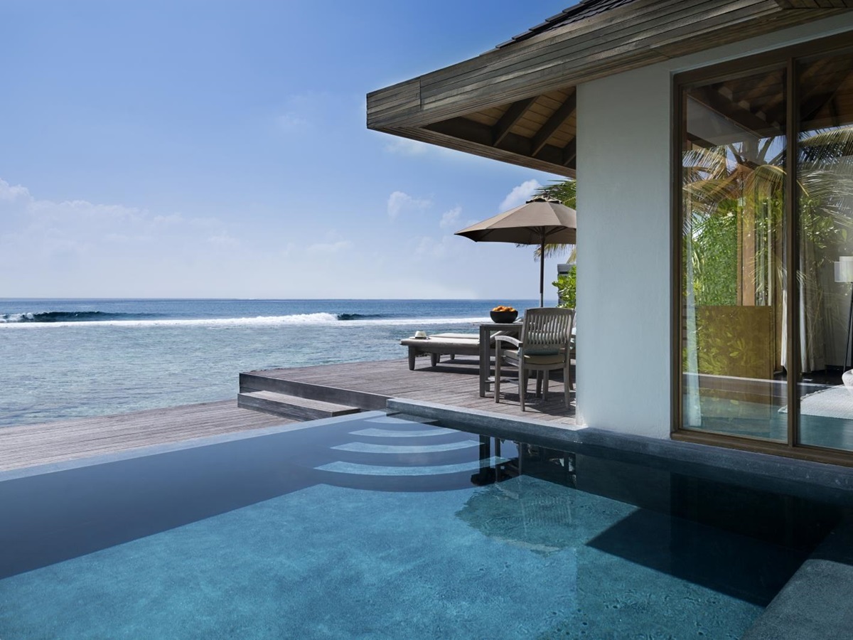 Private pool and deck of an Ocean Pool Bungalow at luxury resort Anantara Veli in the Maldives