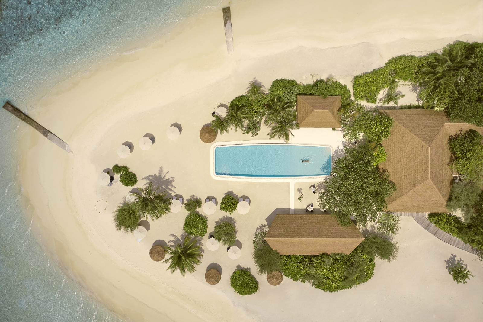 Aerial view of woman floating in main pool at luxury resort Cocoa Island in the Maldives