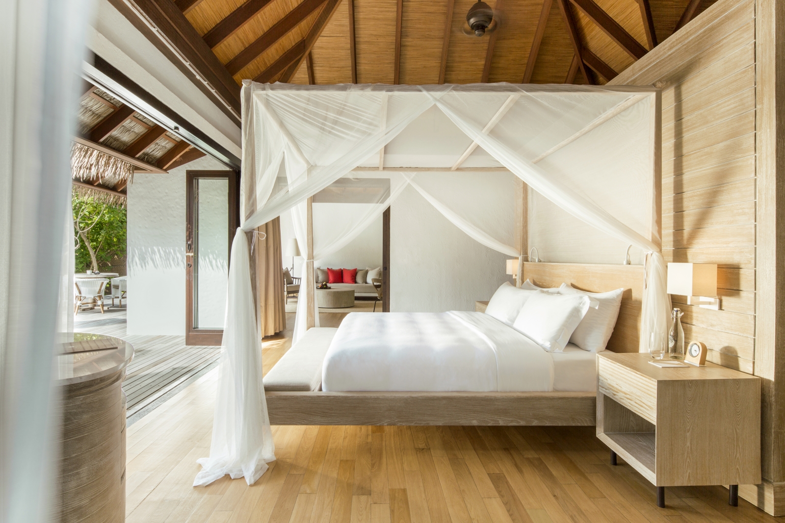Bedroom of a Beach Villa at luxury resort COMO Maalifushi in the Maldives
