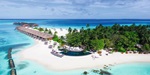 Aerial view of the pool at luxury resort Constance Moofushi in the Maldives