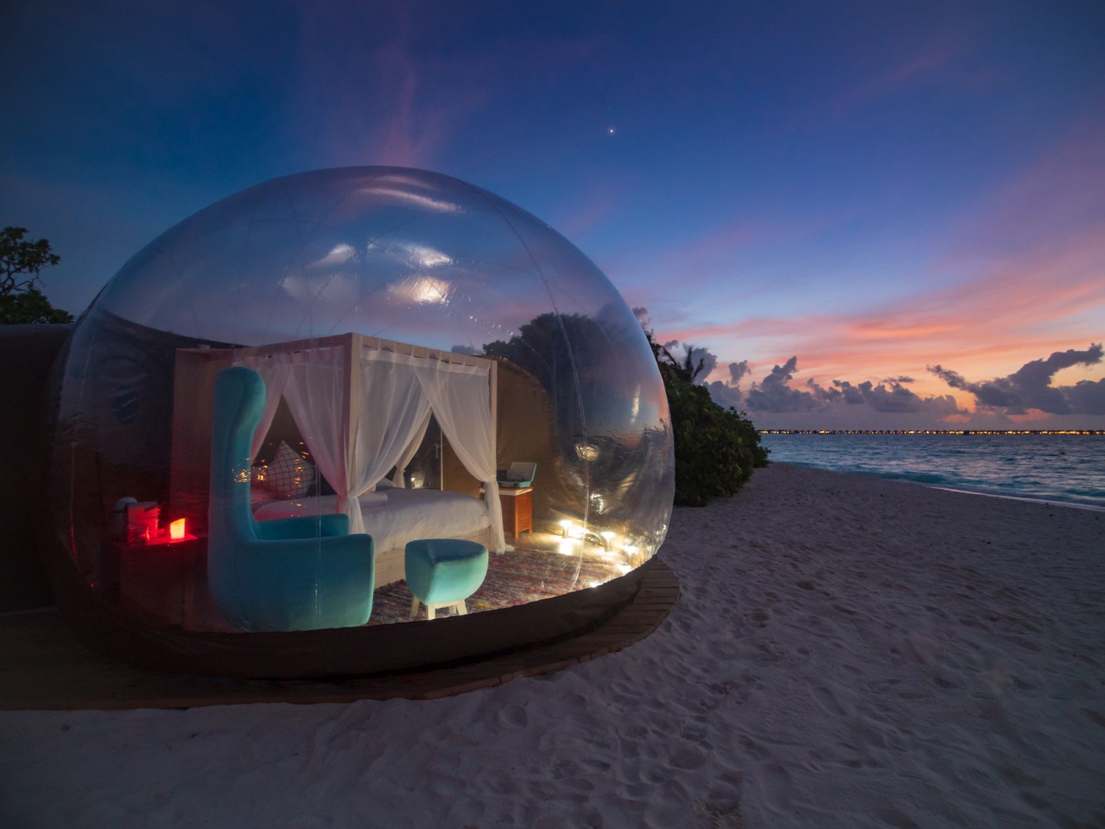 Beach bubble tent accommodation at the Finolhu resort in the Maldives