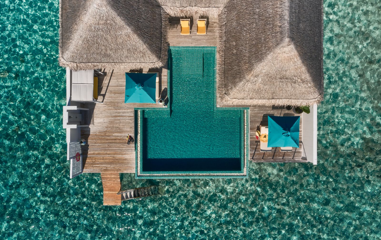 Aerial view of a two bedroom water villa at Finolhu Maldives