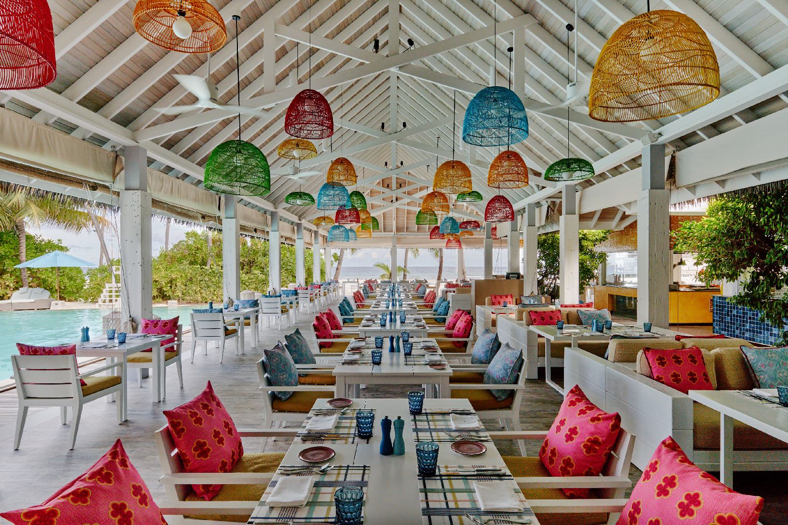 Colourful Beach Kitchen restaurant at Finolhu Maldives