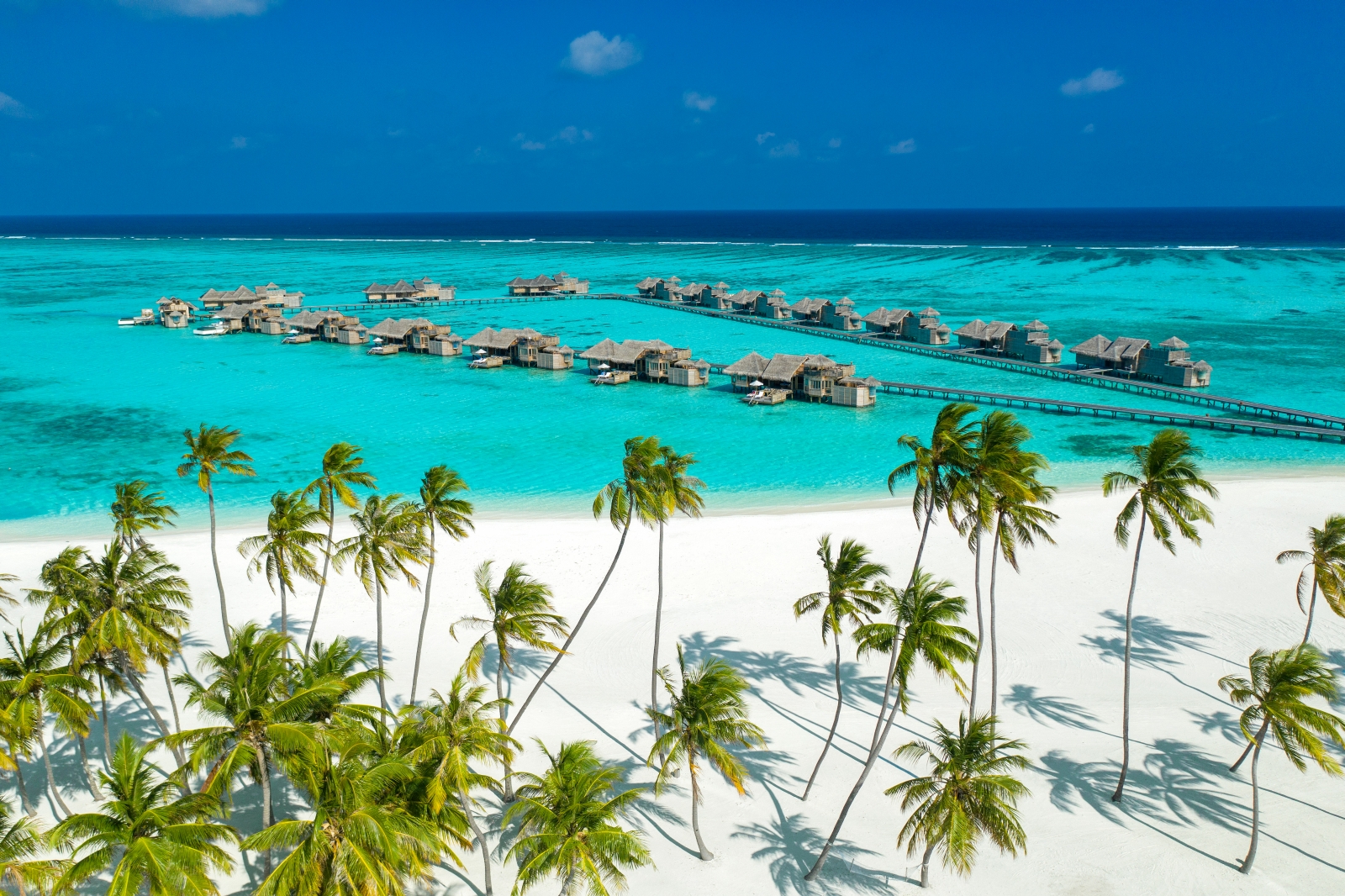 Aerial view of the beach, ocean and jetty with overwater villas at luxury resort Gili Lankanfushi in the Maldives