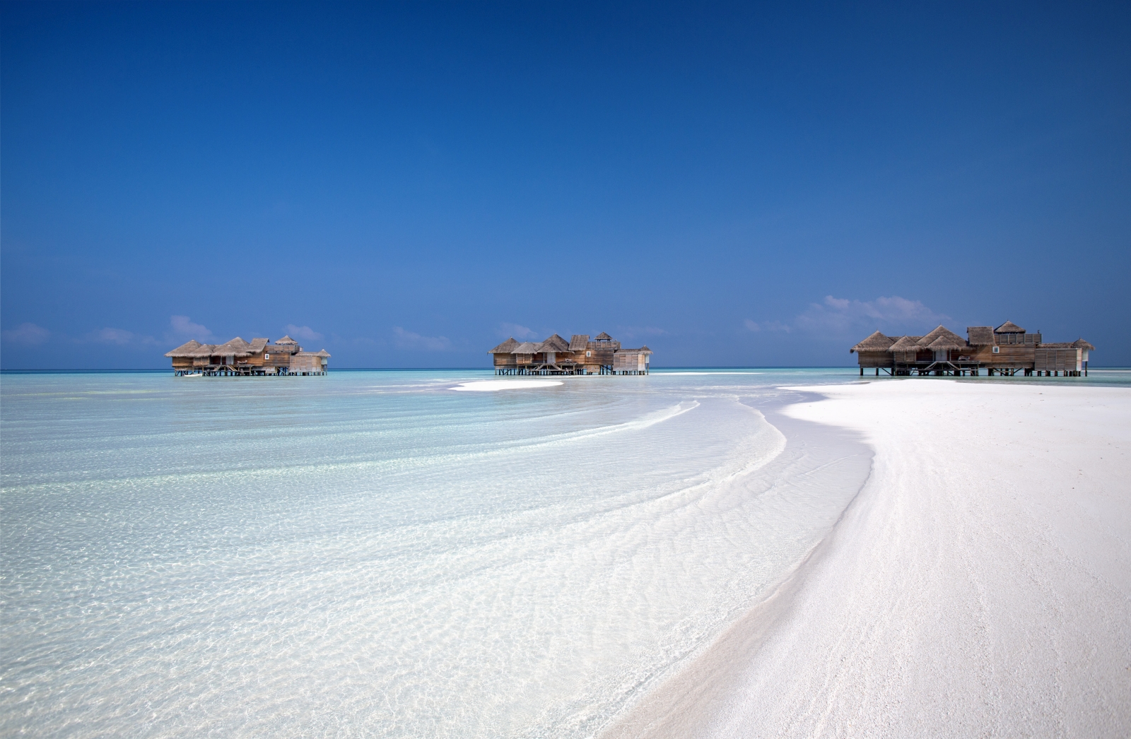 View of Crusoe Residences from the beach of luxury resort Gili Lankanfushi in the Maldives