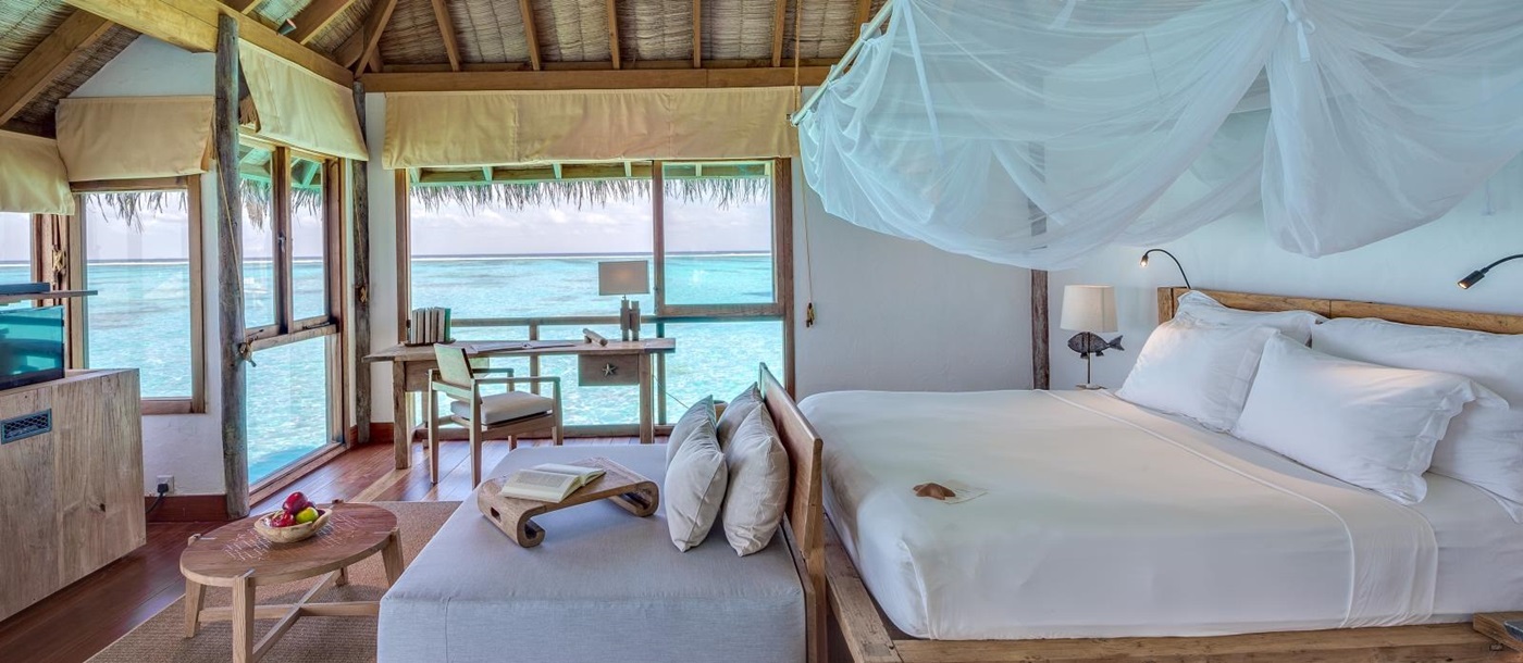 Bedroom of a Villa Suite at luxury resort Gili Lankanfushi in the Maldives